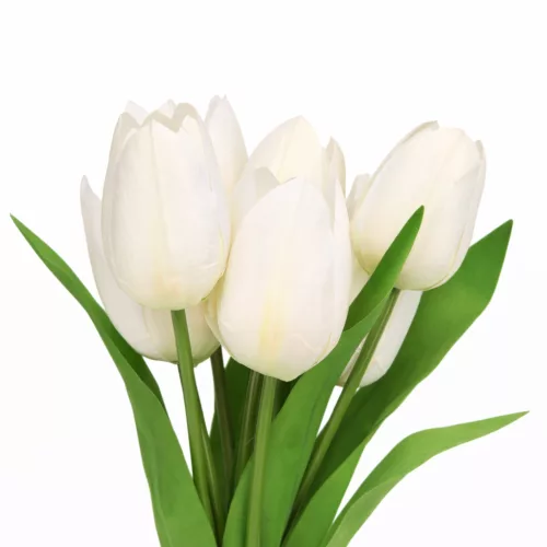 Prémium fehér tulipán művirág csokor 50 cm – 7 szálas élethű mesterséges tulipán dekoráció