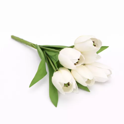 Prémium fehér tulipán művirág csokor 50 cm – 7 szálas élethű mesterséges tulipán dekoráció