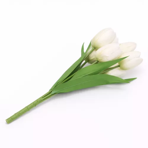 Prémium fehér tulipán művirág csokor 50 cm – 7 szálas élethű mesterséges tulipán dekoráció