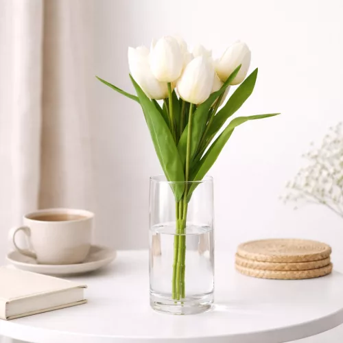 Prémium fehér tulipán művirág csokor 50 cm – 7 szálas élethű mesterséges tulipán dekoráció