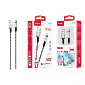   X-start 3.1A TYPE-C gyors töltésű fonott adatkábel – 2 m, fekete-fehér