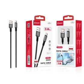   X-start 3.1A TYPE-C gyors töltésű fonott adatkábel – 3 m, fekete