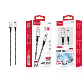  X-start 3.1A TYPE-C gyors töltésű fonott adatkábel – 3 m, fekete-fehér