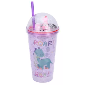   LED-es csillámos gyerek pohár szívószállal – rózsaszín dínós minta, 0,5 L