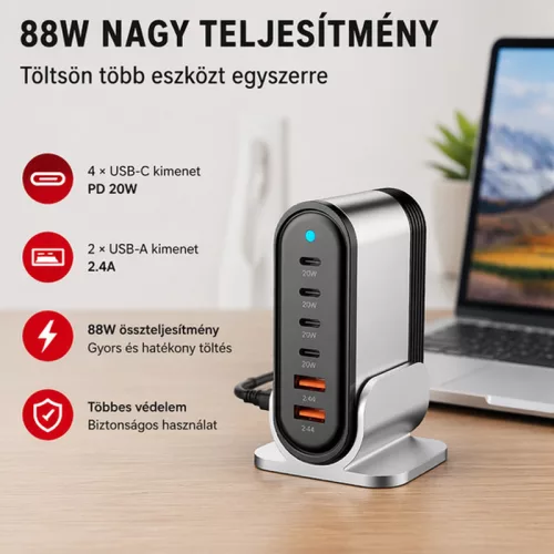 X-start 88W asztali többportos gyorstöltő állomás – 6 portos USB/USB-C töltő adapter, okostelefonhoz, tablethez és laptophoz