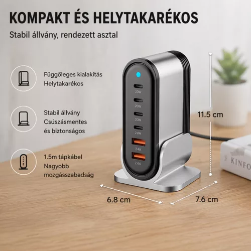 X-start 88W asztali többportos gyorstöltő állomás – 6 portos USB/USB-C töltő adapter, okostelefonhoz, tablethez és laptophoz