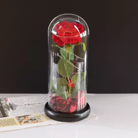 Mesterséges Rózsa Üvegbúrában - Ledes - 17 cm, Vöros