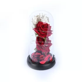 Led-es vörös 2 fejes műrózsa üvegbúrában, 17 cm