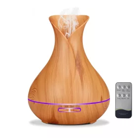   Aromaterápiás ultrahangos párásító – 500 ml tulipán alakú, világos barna fa hatású diffúzor 7 színű LED fénnyel