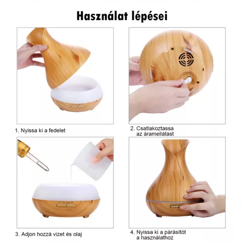 Aromaterápiás ultrahangos párásító – 500 ml tulipán alakú, világos barna fa hatású diffúzor 7 színű LED fénnyel