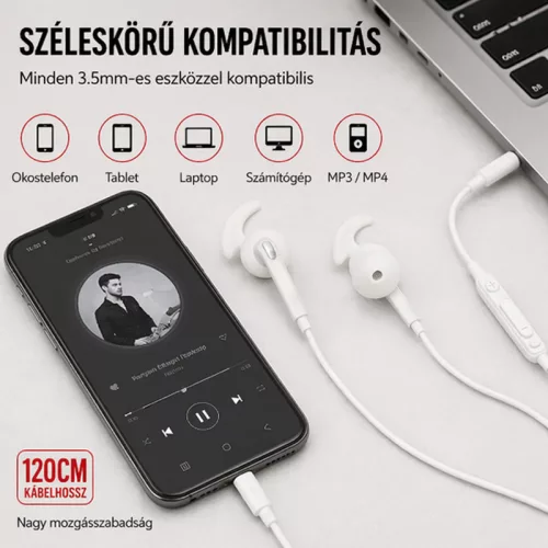 X-start fehér vezetékes sztereó fülhallgató mikrofonnal – 3,5 mm jack, 120 cm kábel, ergonomikus sport kialakítás