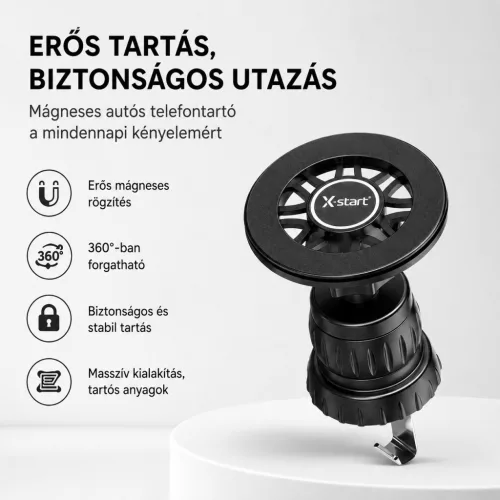 X-start mágneses autós telefontartó szellőzőrácsra – 360°-ban forgatható mobiltelefon tartó