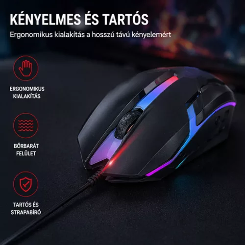 X-start vezetékes gamer egér RGB világítással – optikai USB egér, 1,5 m kábel, ergonomikus kialakítás