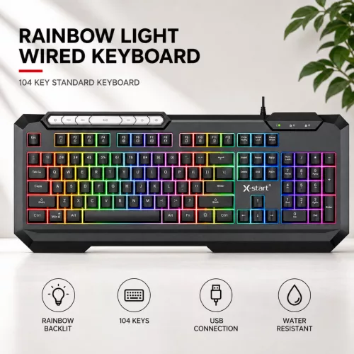 X-start M122 vezetékes gamer billentyűzet RGB szivárvány háttérvilágítással – 104 gombos USB keyboard