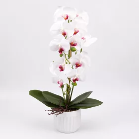   Mű orchidea csokor cserépben 60 cm – 3 szálas fehér-rózsaszín dekor virág