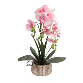   Elegáns rózsaszín pöttyös orchidea kerámiakaspóban – 1 szálas, 3 virágfüzéres művirág dekoráció 50 cm