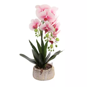   Elegáns rózsaszín-fehér orchidea kerámiakaspóban – 1 szálas, 3 virágfüzéres művirág dekoráció  50 cm