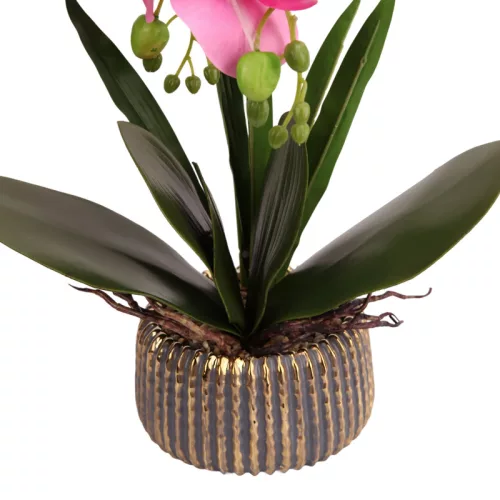 Elegáns pink orchidea kerámiakaspóban – 1 szálas, 3 virágfüzéres művirág dekoráció  50 cm