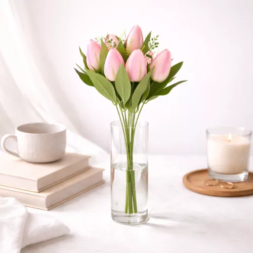 Prémium mesterséges tulipán virágcsokor 45 cm – 10 szálas rózsaszín tulipán dekorációs művirág csokor