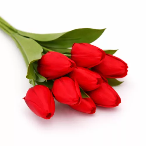 Prémium mesterséges tulipán virágcsokor 35 cm – 9 szálas piros tulipán dekorációs művirág csokor