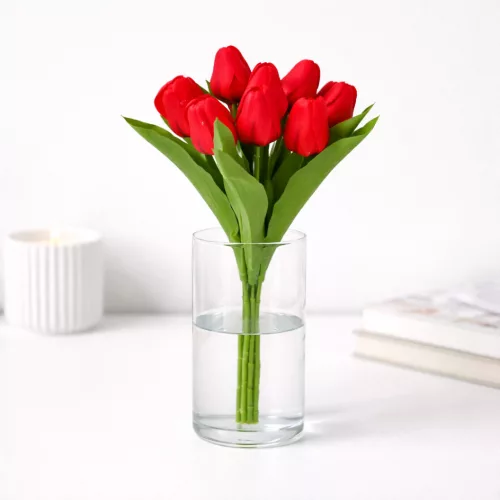 Prémium mesterséges tulipán virágcsokor 35 cm – 9 szálas piros tulipán dekorációs művirág csokor