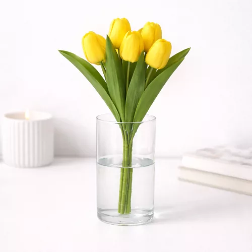 Prémium mesterséges tulipán virágcsokor 35 cm – 9 szálas citromsárga tulipán dekorációs művirág csokor
