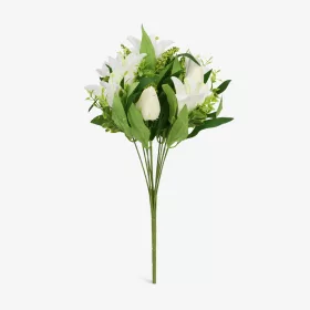   Prémium 40 cm-es fehér / krémfehér vegyes művirág csokor – 12 szálas elegáns liliom és tulipán dekor