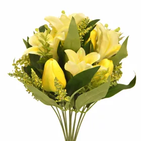   Prémium 40 cm-es citromsárga vegyes művirág csokor – 12 szálas liliom és tulipán dekor kompozíció