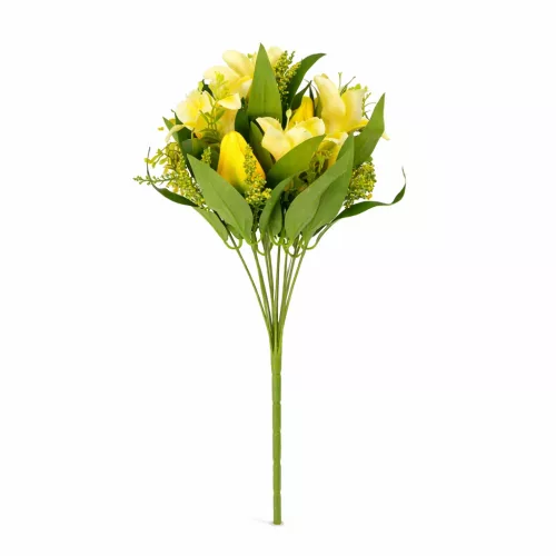 Prémium 40 cm-es citromsárga vegyes művirág csokor – 12 szálas liliom és tulipán dekor kompozíció