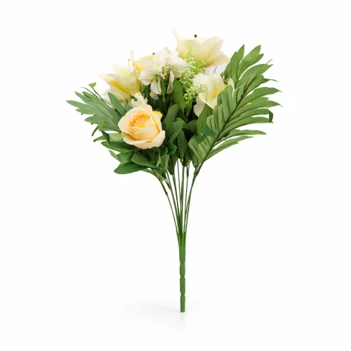 Prémium mesterséges liliom–rózsa virágcsokor 55 cm – 10 szálas dekoratív sárga művirág csokor lakásdekorációhoz