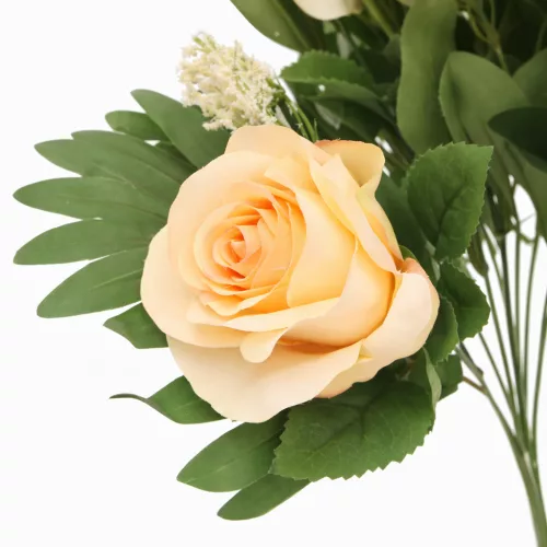Prémium mesterséges liliom–rózsa virágcsokor 55 cm – 10 szálas dekoratív sárga művirág csokor lakásdekorációhoz