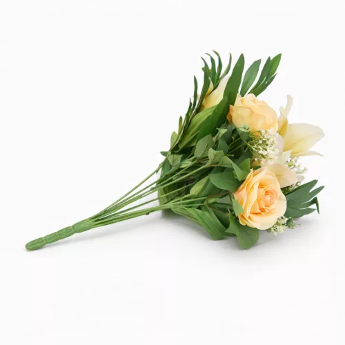 Prémium mesterséges liliom–rózsa virágcsokor 55 cm – 10 szálas dekoratív sárga művirág csokor lakásdekorációhoz