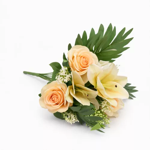 Prémium mesterséges liliom–rózsa virágcsokor 55 cm – 10 szálas dekoratív sárga művirág csokor lakásdekorációhoz