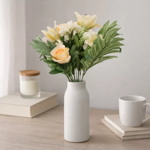Prémium mesterséges liliom–rózsa virágcsokor 55 cm – 10 szálas dekoratív sárga művirág csokor lakásdekorációhoz