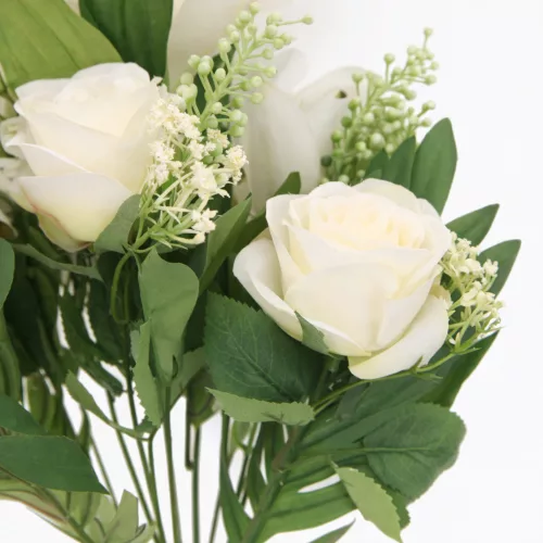 Prémium mesterséges liliom–rózsa virágcsokor 55 cm – 10 szálas fehér dekorációs művirág csokor