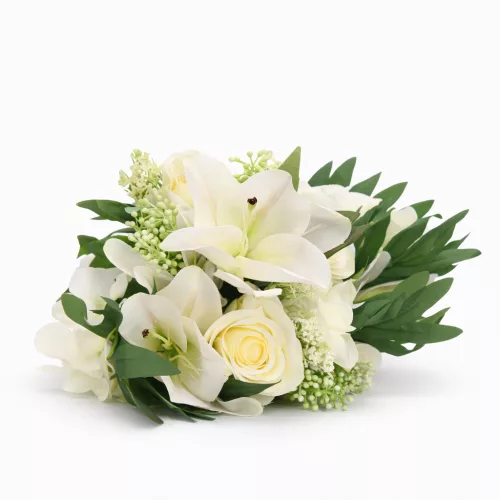 Prémium mesterséges liliom–rózsa virágcsokor 55 cm – 10 szálas fehér dekorációs művirág csokor
