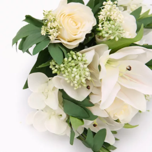 Prémium mesterséges liliom–rózsa virágcsokor 55 cm – 10 szálas fehér dekorációs művirág csokor