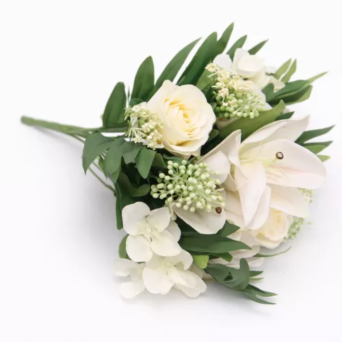 Prémium mesterséges liliom–rózsa virágcsokor 55 cm – 10 szálas fehér dekorációs művirág csokor