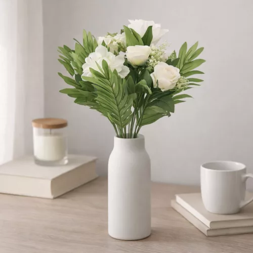 Prémium mesterséges liliom–rózsa virágcsokor 55 cm – 10 szálas fehér dekorációs művirág csokor