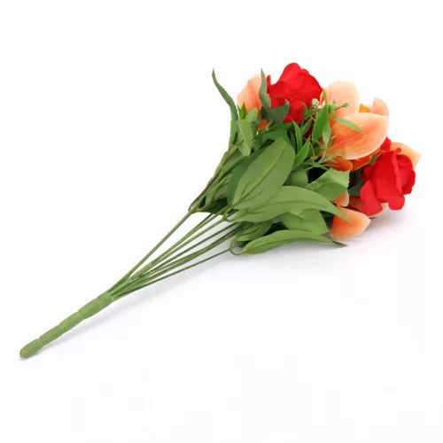 Prémium mesterséges vegyes virágcsokor 50 cm – 10 szálas rózsa és liliom dekorációs művirág csokor piros–narancs színben