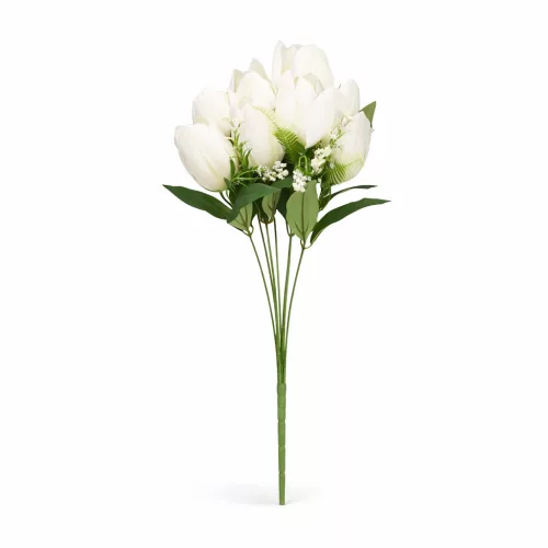 50 cm-es 10 Szálas Fehér Selyem Tulipán Csokor – Elegáns Művirág Dekoráció Otthonra és Esküvőre