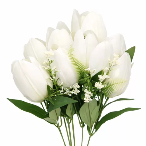 50 cm-es 10 Szálas Fehér Selyem Tulipán Csokor – Elegáns Művirág Dekoráció Otthonra és Esküvőre