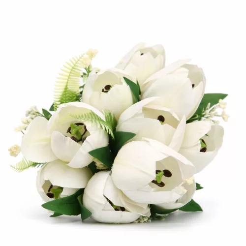 50 cm-es 10 Szálas Fehér Selyem Tulipán Csokor – Elegáns Művirág Dekoráció Otthonra és Esküvőre