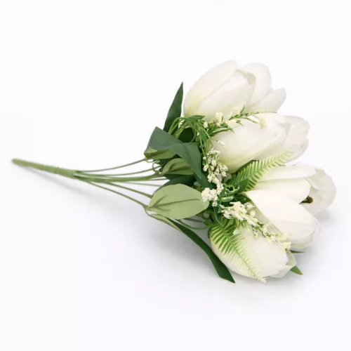 50 cm-es 10 Szálas Fehér Selyem Tulipán Csokor – Elegáns Művirág Dekoráció Otthonra és Esküvőre