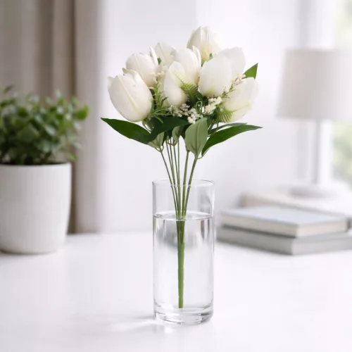 50 cm-es 10 Szálas Fehér Selyem Tulipán Csokor – Elegáns Művirág Dekoráció Otthonra és Esküvőre