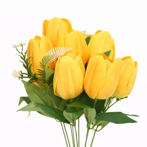 50 cm-es 10 Szálas Sárga Selyem Tulipán Csokor – Élethű Művirág Dekoráció Otthonra és Rendezvényre