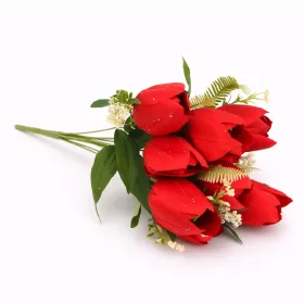  50 cm-es 10 Szálas Piros Selyem Tulipán Csokor – Elegáns Művirág Dekoráció Otthonra és Esküvőre