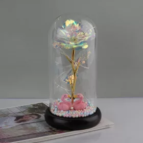   Mesterséges Rózsa fém, Üvegbúrában - Ledes - 20 cm - Fényes arany, Flamingó párral