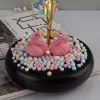 Mesterséges Rózsa fém, Üvegbúrában - Ledes - 20 cm - Fényes arany, Flamingó párral