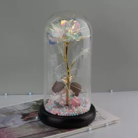   Mesterséges Rózsa fém, Üvegbúrában - Ledes - 20 cm - Fényes arany, Szerelmes párral